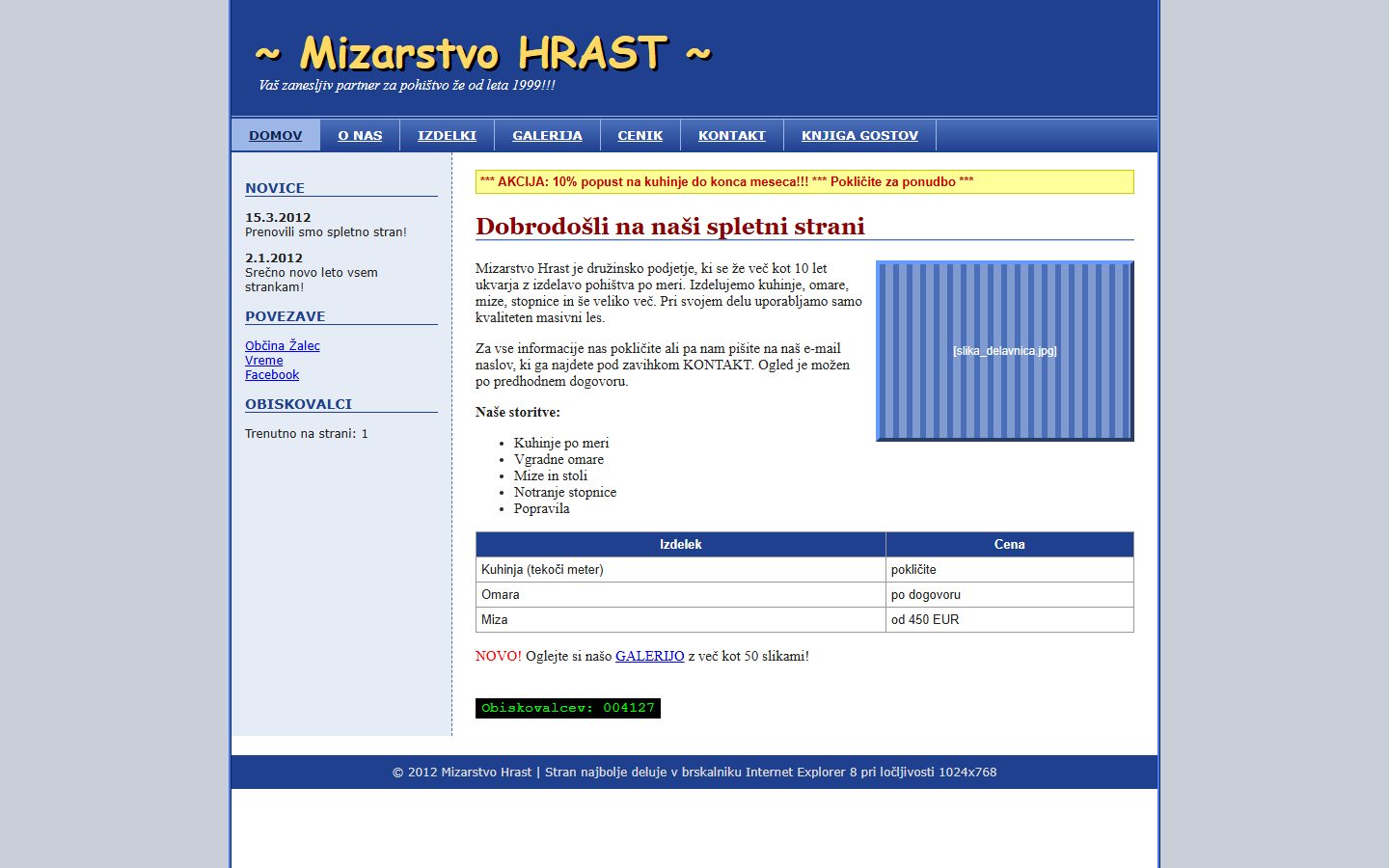 Stara spletna stran Mizarstva Hrast iz leta 2012